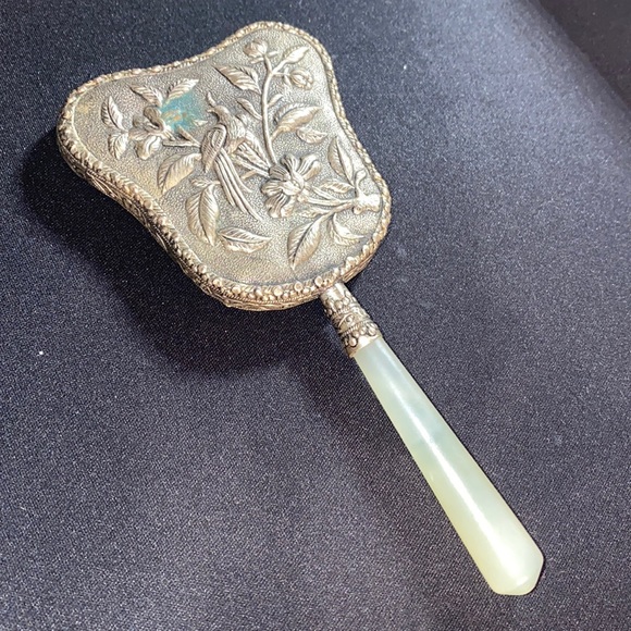 White Jade Child Mirror Silver Tone Asian japa n floral Birds ornate